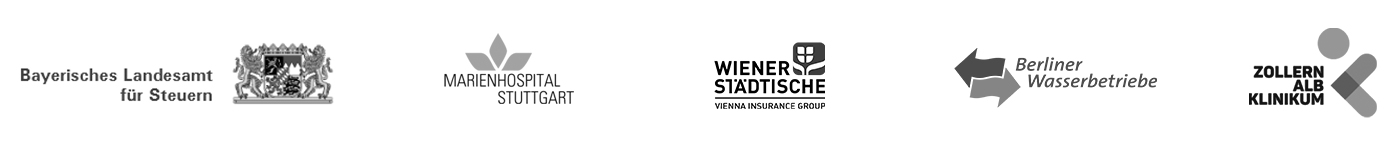 Referenzkunden: Bayerisches Landesamt für Steuern, Marienhospital Stuttgart, Wiener Städtische, Berliner Wasserbetriebe und Zollernalb Klinikum